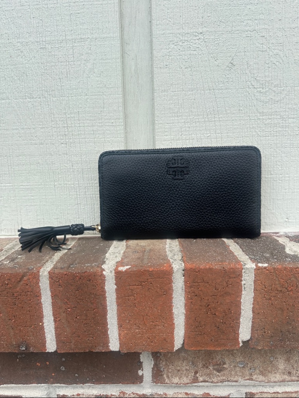 Tory Burch Black Pebbled Leather Zip Wallet with Tassel